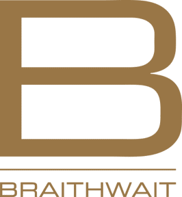 Large orange letter B above two horizontal lines. Below the lines, the word BRAITHWAIT is written in orange capital letters. The background is transparent.