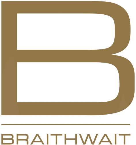 Large, stylized bronze letter B above the word BRAITHWAIT in capital letters, both centered on a white background.
