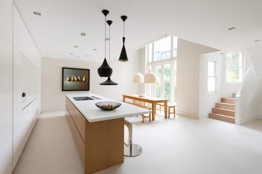 Modern Open Plan Kitchen with Island and Long Wooden Bench Table