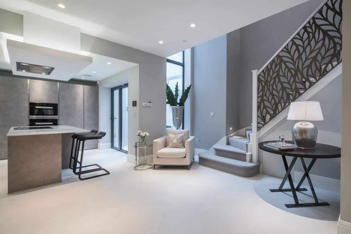 Stairs to Open Plan Kitchen with Island