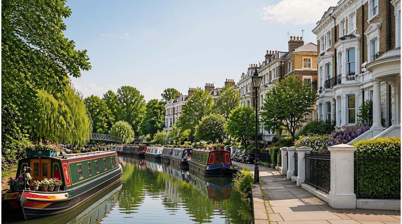 Colorful canal boats line a narrow waterway beside elegant, white townhouses and leafy green trees on a sunny day—a picturesque scene that perfectly captures the charm highlighted in Your Complete Guide To Renting In Maida Vale. The calm water reflects the boats and surrounding greenery, offering an inviting glimpse into this sought-after neighborhood.